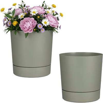 Mica Decorations Bloempot Coco - 2x - met onderschaal - olijfgroen - H24 x D23 cm - kunststof - buiten