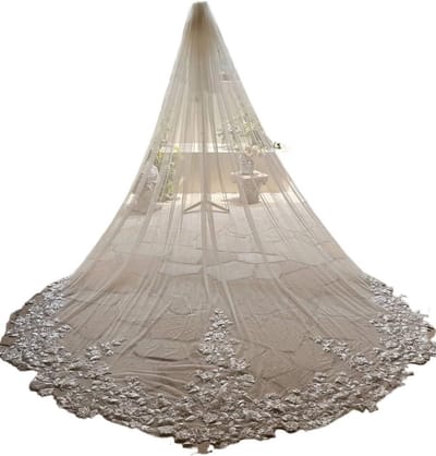 Bruidssluier - Trouwsluier Bloem - Bruiloft Versiering - Bloemen Applicatie - 300 cm - Wit