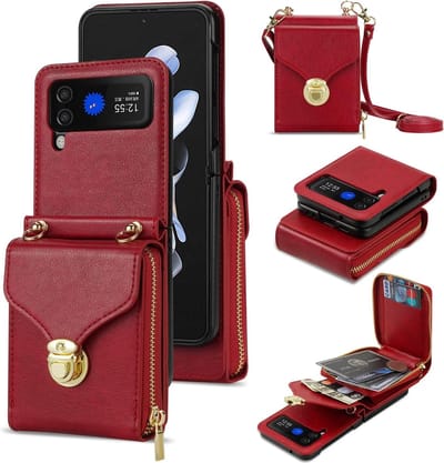 Geschikt voor Samsung Galaxy Z Flip 5 5G - Portemonnee Leer gesp dames hoesje - Schouderriem - Rood