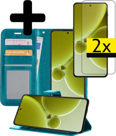 Hoesje - Met 2x Screenprotector - Geschikt voor OnePlus Nord 3 - Luxe Pasjeshouder - Bookcase Portemonee - Flip Case - Kunstleer Book Case - Flipcase Hoes - Book Cover - Walletcase - Portemonneehoes - Telefoonhoesjes - Turquoise