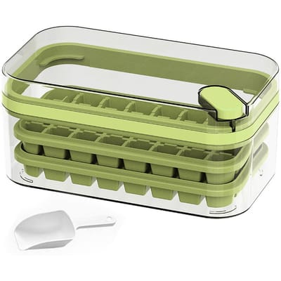 Bac à glaçons Double Couche 64 Pièces Boîte Machine à Glaçons Maison Presse Démoulage Facile Glace Congélateur Boîte de Rangement vert