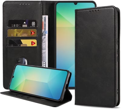 Smartphonica Telefoonhoesje Geschikt voor Samsung Galaxy A06 Kunstleer met Magnetische sluiting en Pasjeshouders Bookcase met Klepje - Zwart geschikt voor Samsung Galaxy A06