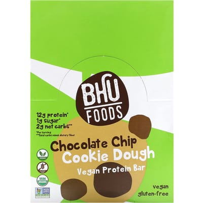 BHU Foods, Barres Protéinées Véganes, Pâte à Cookie aux Pépites de Chocolat, 12 Barres, 1,6 oz (45 grammes) Chaque