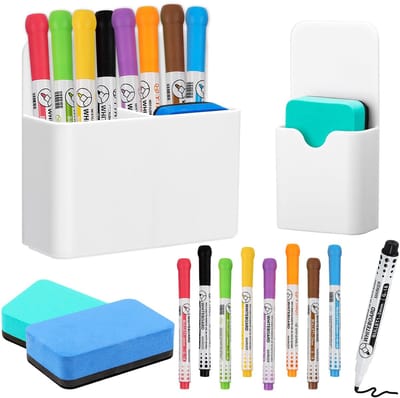 Whiteboard-accessoires, 2 stuks magnetische penhouders met 2 stuks spons, 8 stuks whiteboardmarkers, markerhouder, magnetische markerhouder voor thuis, kantoor, school