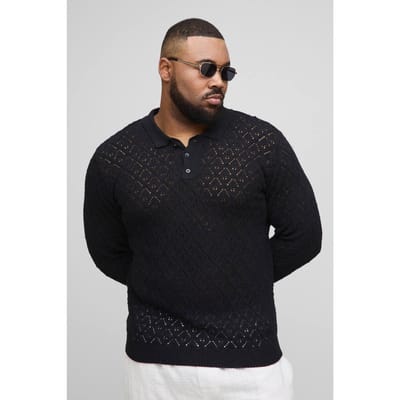 Plus oversized gehaakte poloshirt met lange mouwen | Black | Size 2XL