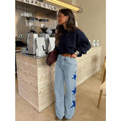 Nouveau Jean Décontracté Fashion pour Femme, Coupe Droite Ample, Étoile à Cinq Branches S bleu clair