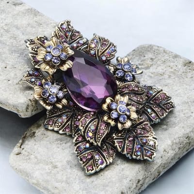 Broche Retro Strass Luxe Bloemen Paars ( Goudkleurig ) 6.8 x 5.1 cm
