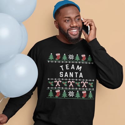 Kersttrui Candy Cane - Met tekst: Team Santa - Kleur Zwart - ( MAAT XS - UNISEKS FIT ) - Kerstkleding voor Dames & Heren
