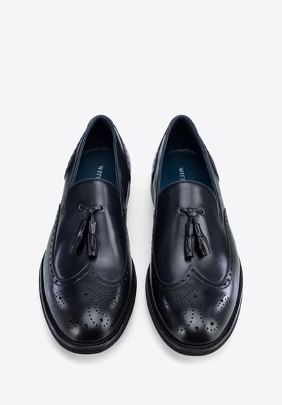 Wittchen Heren Leren Mocassins met Perforaties Marineblauw, Natuurlijk Leer