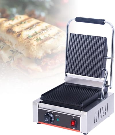 Panini Grill - Contactgrill Tafelgrill - Sandwiches Grillen - Geribbelde Gietijzeren Platen - 45D x 37B x 27H cm - Zilver