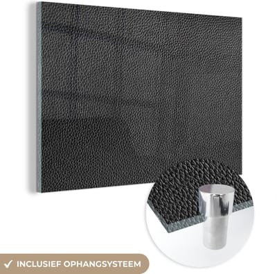 MuchoWow® Glasschilderij 60x40 cm - Schilderij acrylglas - Leer - Lederlook - Zwart - Licht - Foto op glas - Schilderijen