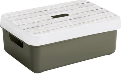 Sunware opslagbox - 9 liter - donkergroen - kunststof - 35 x 25 x 12 cm - met afsluitbare deksel in houtnerf print