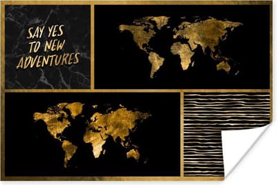 Poster 30x20 cm - Wereldkaart - Collage - Spreuken - Goud - Posters - Kamer decoratie - Wanddecoratie woonkamer - Muurdecoratie slaapkamer