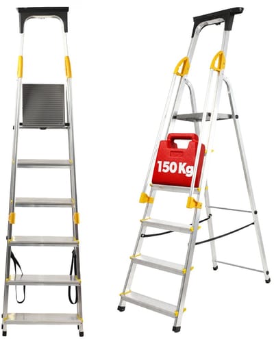 KADAX Aluminium ladder met leuning, trapladder, belastbaar tot 150 kg, ladder in 3 versies, inklapbare huishoudladder met vak voor kwast en antislipvoeten (6 treden)
