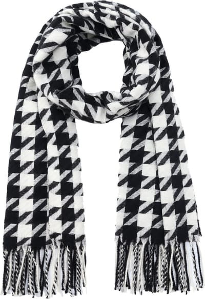 Nouka Zwart & Witte Dames Sjaal – Dikke & Warme Sjaal – Pied–de–Poule Patroon - Herfst / Winter – met Franjes – 70 x 180 cm