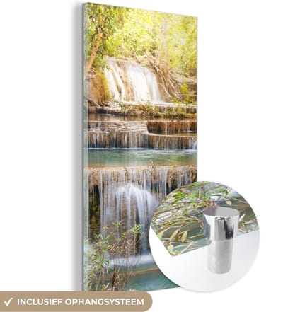 MuchoWow® Glasschilderij 20x40 cm - Schilderij acrylglas - Zon - Waterval - Landschap - Foto op glas - Schilderijen