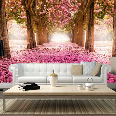 98cm X 70cm - Zelfklevend fotobehang -  Roze pad van bloemen door een bos  , Premium Print