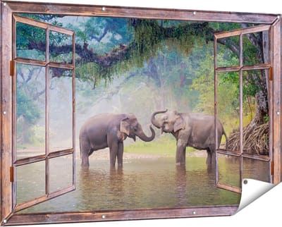 Gards Tuinposter Doorkijk Twee Olifanten in het Water - 150x100 cm - Tuindoek - Tuindecoratie - Wanddecoratie buiten - Tuinschilderij