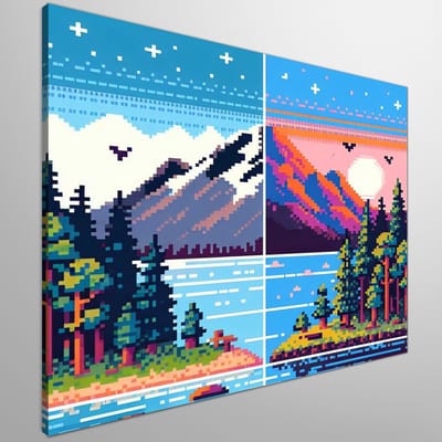 Pixel art landschap schilderij | Kleurrijke pixels vormen betoverend landschap in unieke kunstcreatie | Kunst - 30x30 centimeter op Canvas | Foto op Canvas