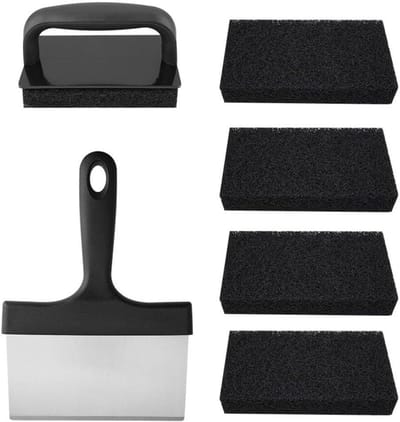 Reinigingsset Keuken - Schraper en Spons - Grill Schoonmaken - Krasvrije Spons - 6 Delig - Grijs