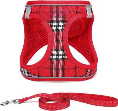 Famanu – Hondentuig voor Kleine Honden met Riem - Anti-Trektuig Reflecterend Ademend Borsttuig - Puppytuig voor Kleine - Middelgrote Honden (M - Rood Geruit)