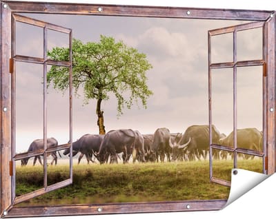 Gards Tuinposter Doorkijk Kudde Buffels bij een Boom - 120x80 cm - Tuindoek - Tuindecoratie - Wanddecoratie buiten - Tuinschilderij