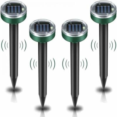 Vier op zonne-energie werkende ultrasone knaagdierverjagers, IP65 waterdicht.