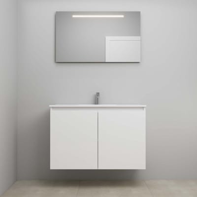 On-Line Badkamermeubelset - 100 cm - Bouwpakket - Greeploos 2 Deuren - Porseleinen Wastafel - 1 Kraangat - Spiegel met LED-Verlichting - Hoogglans Wit