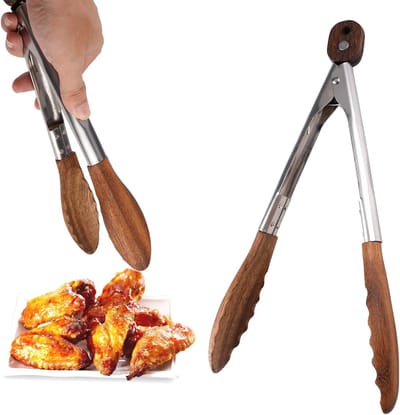 Houten en RVS Kooktangen van 29 cm, Premium Keuken Tangen voor BBQ, Salades en Toast, Warmtebestendig en Makkelijk te Reinigen