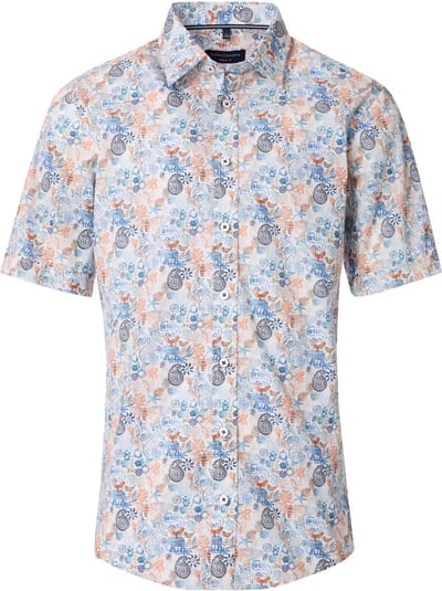 CASA MODA Sport casual fit overhemd - korte mouw - popeline - wit met blauw en oranje dessin - Strijkvriendelijk - Boordmaat: 39 - 40