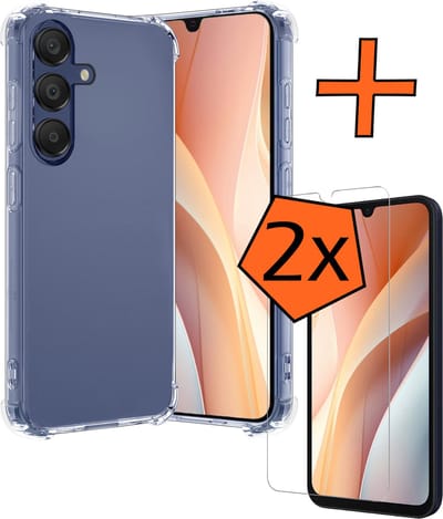 Hoes - Met Screenprotector - 2 Stuks - Geschikt voor Samsung Galaxy A15 - Sterk & Shockproof - Siliconen Case - Back Cover - Telefoon Hoes - Shock Proof - Transparant