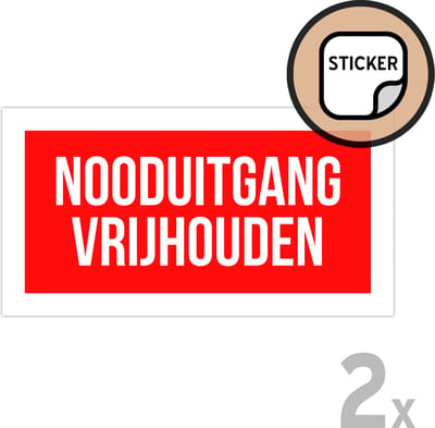 Pictogram/ stickers (2x) | "Nooduitgang vrijhouden" | 30 x 15 cm | Rood/ wit | Sticker | Brandweer | 2 stuks
