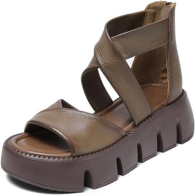 Sandalen met dikke zool Dames Zomer Nieuw Vintage Leer Muffin Schoenen Rits aan de achterkant Vismond Romeinse Schoenen 36 kaki