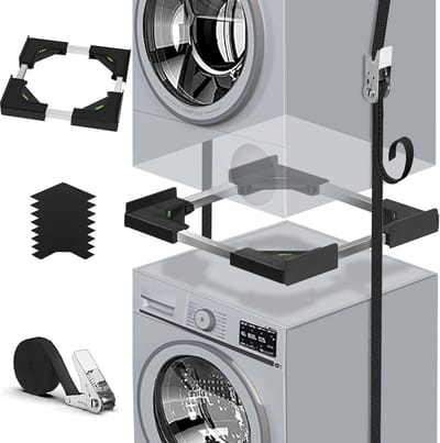 Stapelset voor Wasmachine en Droger - Verstelbaar en Stevig Frame (45-68 cm) met Versterkte Ratchetbanden en Bevestigingsbeugels, Antivibratie en Stapeloplossing, Zwart