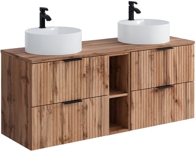 Vente-unique Geribbeld hangmeubel voor badkamer met nissen en dubbele ronde opbouwwastafel - Licht naturel - L140 cm - ZEVARA