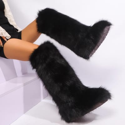 Dames Knielange Fuzzy Faux Fur Laarzen - Zacht, Warm en Comfortabel Instapmodel met Platte Hak Dames Pluche Warme Plateauschoenen 36 zwart