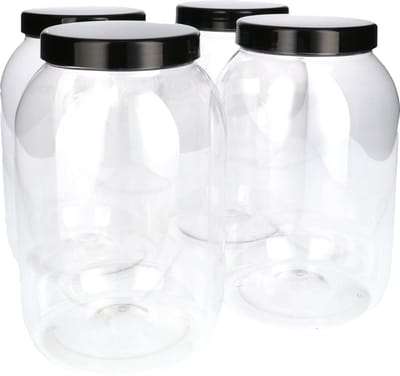 4 x Ronde Pot 2500ml PET Kunststof - Transparant met Schroefdeksel Zwart- PET Kunststof BPA-vrij - Plastic Verzamel potten Navulbaar - Met Dop - Lege Potten - 4 stuks