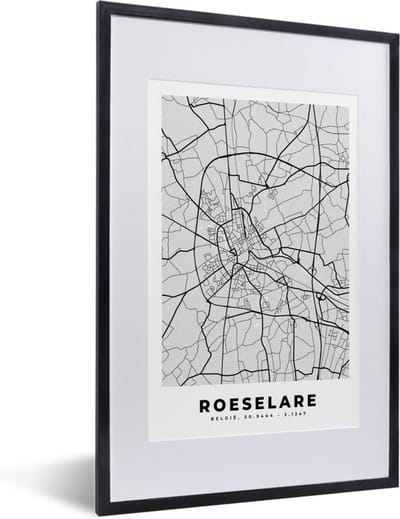 Fotolijst incl. Poster Zwart Wit- Stadskaart – Plattegrond – België – Zwart Wit – Roeselare – Kaart - 40x60 cm - Posterlijst