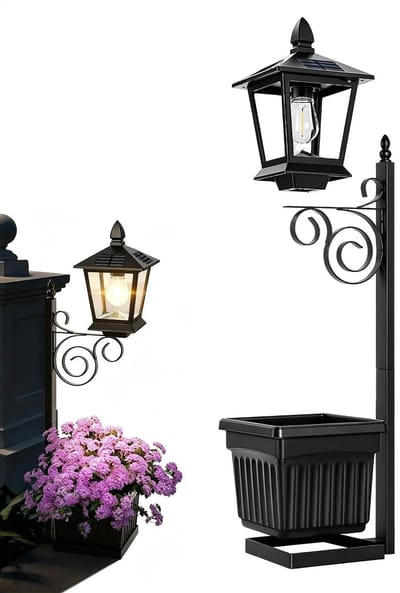 DIMICO - Bloempot 2-in-1 met Lantaarn - Bloempotten met Zonne Energie Buitenverlichting - Tuinverlichting - IP65 - Zwart