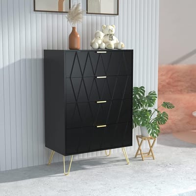 UEV 4-ladenkast, houten opbergkast, eenvoudige en elegante stijl, gouden handgreep en poten, 60 x 34 x 91 cm, dressoir voor slaapkamer, woonkamer, kantoor, Zwart