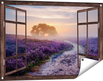 Gards Tuinposter Doorkijk Pad in de Weide van de Veluwe - 90x60 cm - Tuindoek - Tuindecoratie - Wanddecoratie buiten - Tuinschilderij