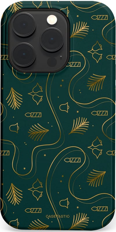 Casetastic hoesje geschikt voor Apple iPhone 14 Pro - MagSafe - Dubbellaagse bescherming - Groene kerst bellen en takken - Fashion Case - Donkergroen Donkergrijs Petrol