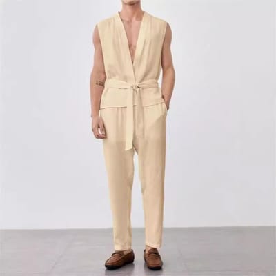 Nieuw Heren Commuter Pak Casual Gilet Mouwloze Broek Heren L beige