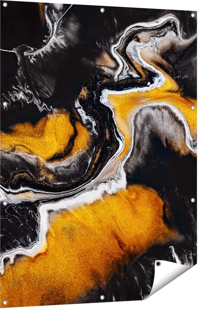 Gards Tuinposter Abstracte Kunst van Zwarte Gouden Verf - 90x120 cm - Tuindoek - Tuindecoratie - Wanddecoratie buiten - Tuinschilderij