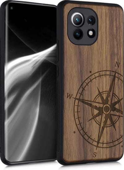 kwmobile telefoonhoesje geschikt voorXiaomi Mi 11 - Hoesje met bumper - hout - In donkerbruin Vintage Kompas design