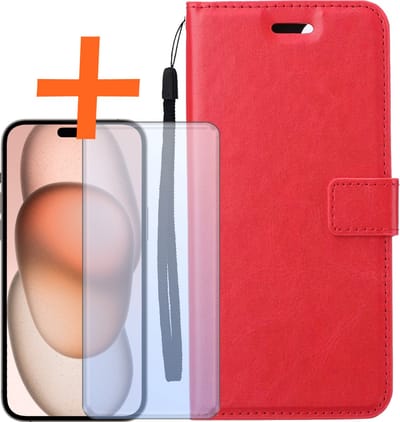Hoes - Met Screenprotector - Geschikt voor Apple iPhone 15 - Luxe Pasjeshouder - Bookcase Portemonee - Flip Case - Kunstleer Book Case - Flipcase - Book Cover - Walletcase - PortemonneeHoes - Rood
