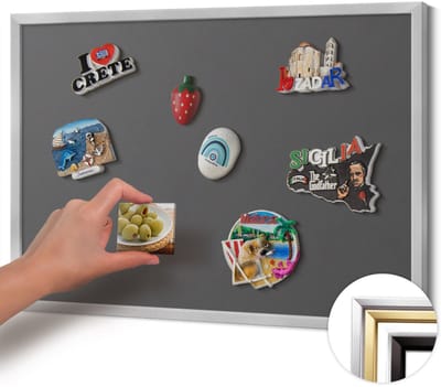 Wallfluent - Grijs Magneetbord in Stijlvolle Kleuren - 60 cm x 40 cm - Magneetbord met Zilveren Frame - Kleur donkergrijs - Magnetisch Bord Foto Bevestiging - Magnetisch Bord Muurbevestiging - Design Magneetbord met Frame