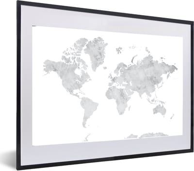 Poster in lijst - Fotolijst 60x40 cm - Posters - Wereldkaart - Grijs - Marmer - Posterlijst zwart - Decoratie - Wanddecoratie woonkamer - Muurdecoratie slaapkamer