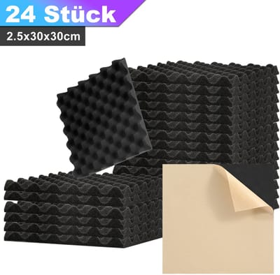24 stuks Akoestische panelen 30x30x2.5cm Acoustic Foam Panels, Wandpaneel, Zelfklevend, voor wanddecoratie Zwart Golvend