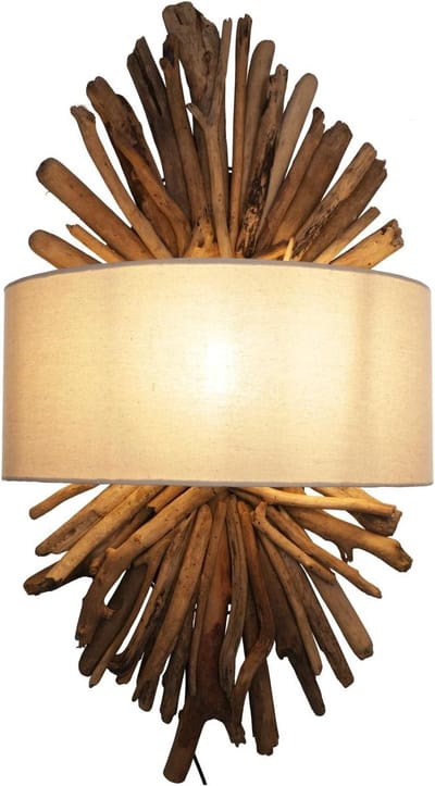 Wandlamp Natuurlijk Materiaal - Drijfhout Katoen - Sfeervolle Verlichting - Handgemaakt op Bali - 75x40x20 cm - Crèmewit